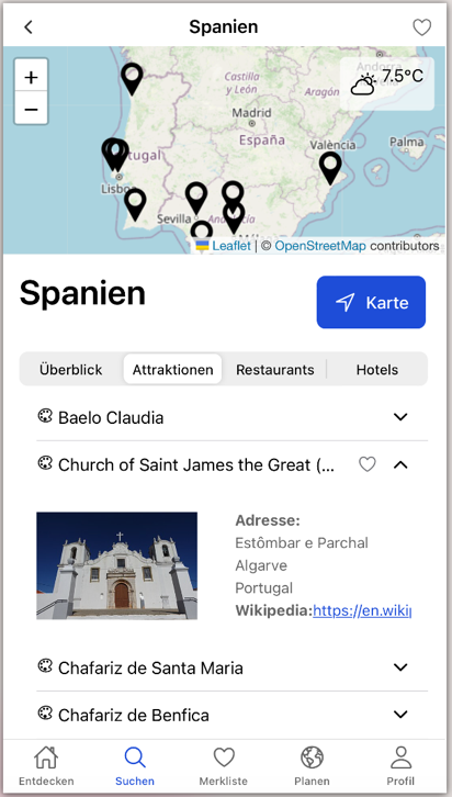 TripTracker: Ortsdetails mit Karte und Wetter